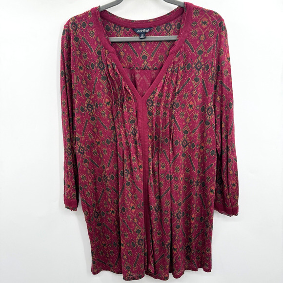 Lucky Brand Boho Aztec Print V-Neck Top Sz 3X Red Multi Rayon Casual Office - Picture 1 of 10
